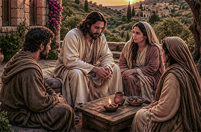 Jesus sits with Mary, Martha, and Lazarus, preparing for the week’s conclusion.